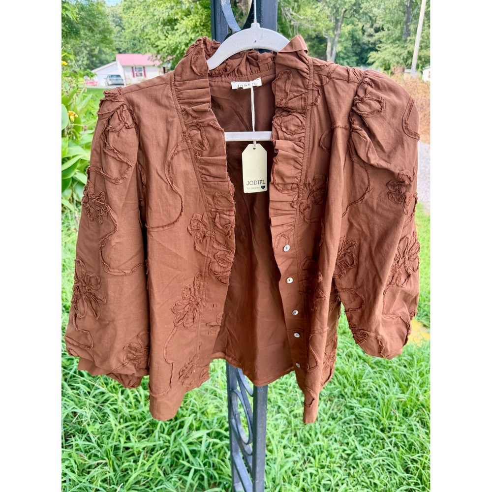 Jodifl Brown Floral Applique Ruffle Neck Puff Sleeve Button Down Blouse S NWT
